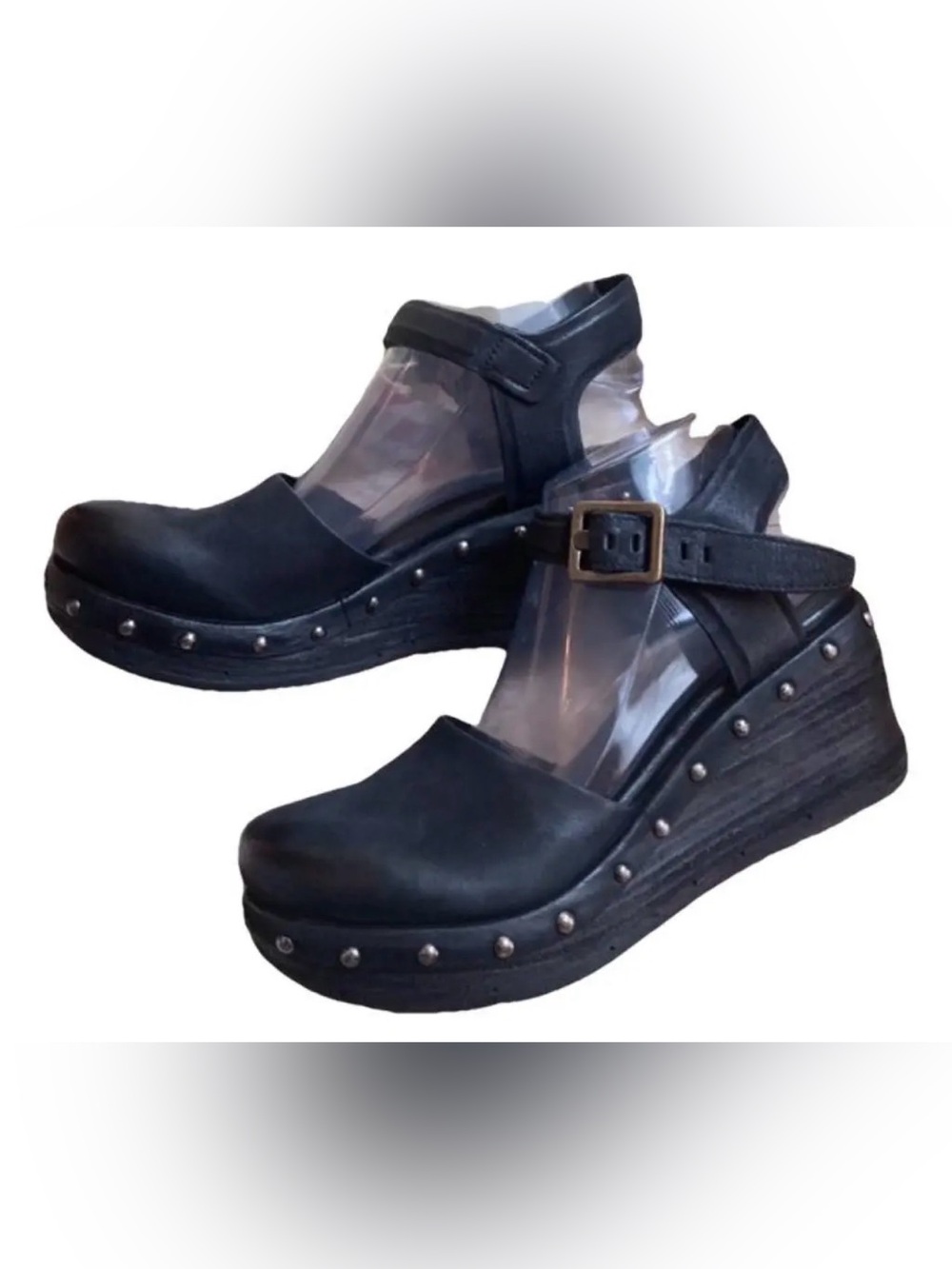 A.S.98 Pietro Black Studded Wedge Mary Jane Shoes - Women size 39